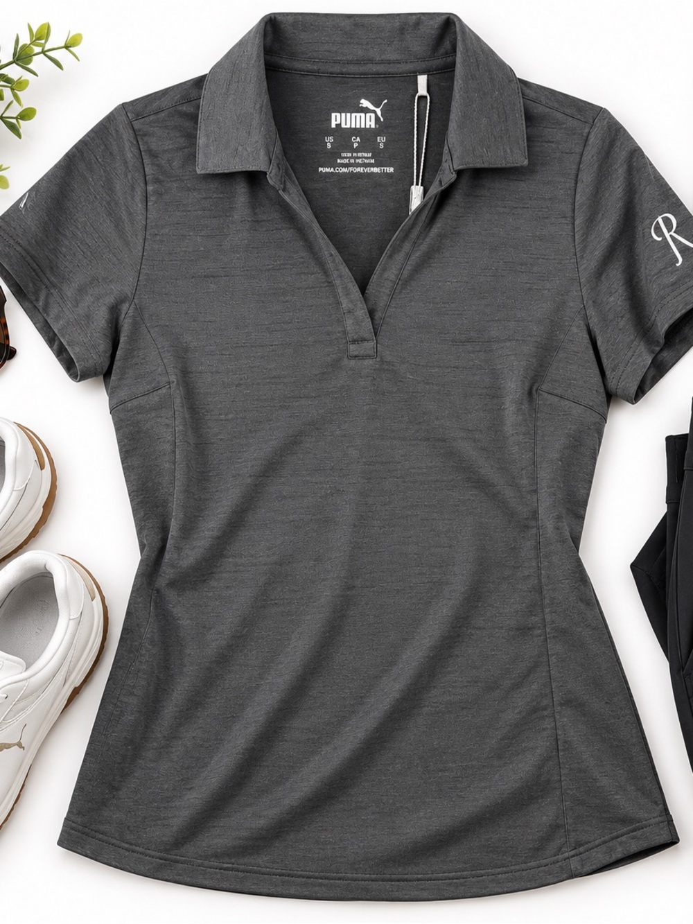 PUMA Cloudspun Free Polo Women’s Small Black Heather Golf Shirt UPF 50+ NWT